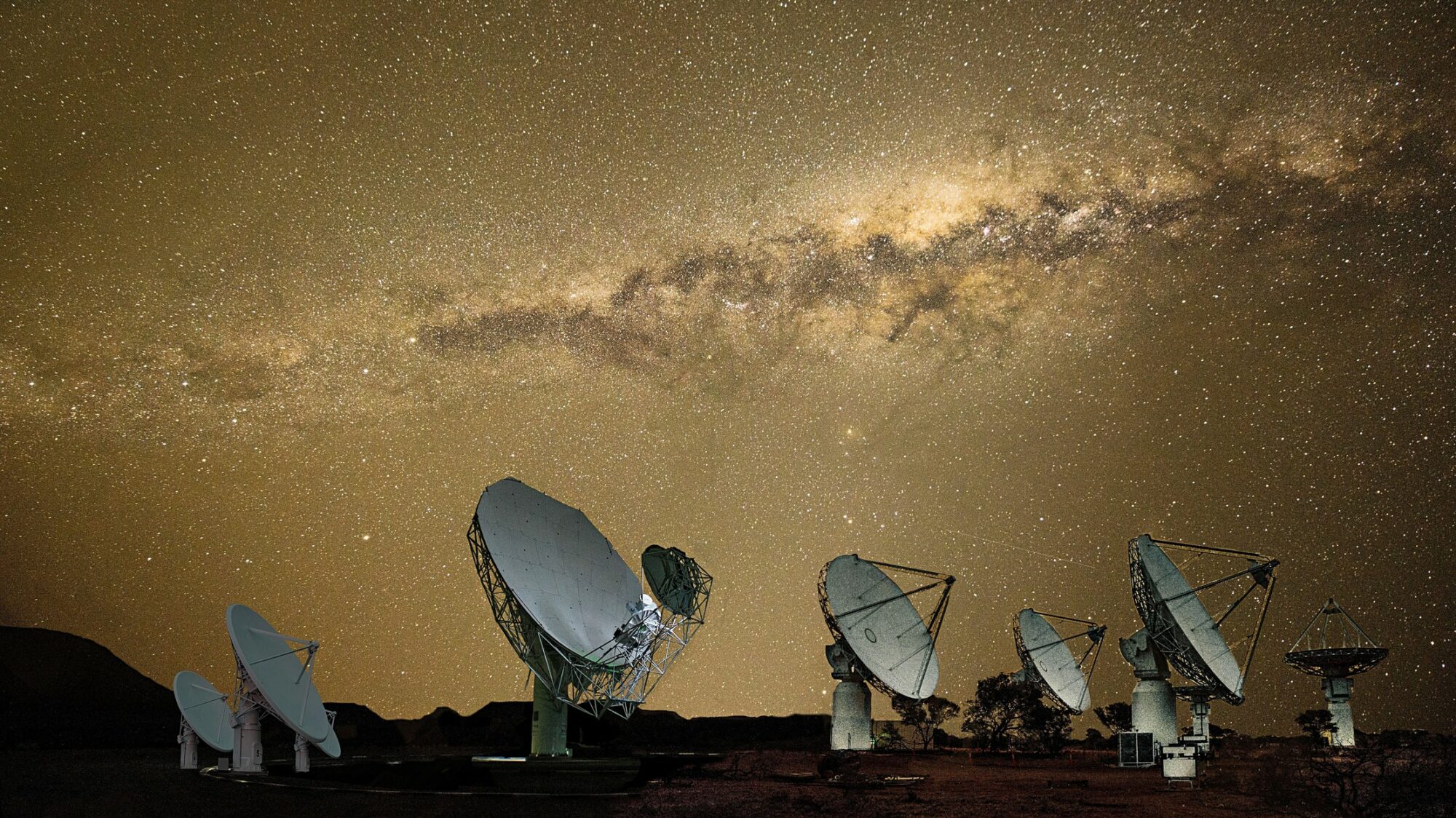 large antennas aligned under a night sky