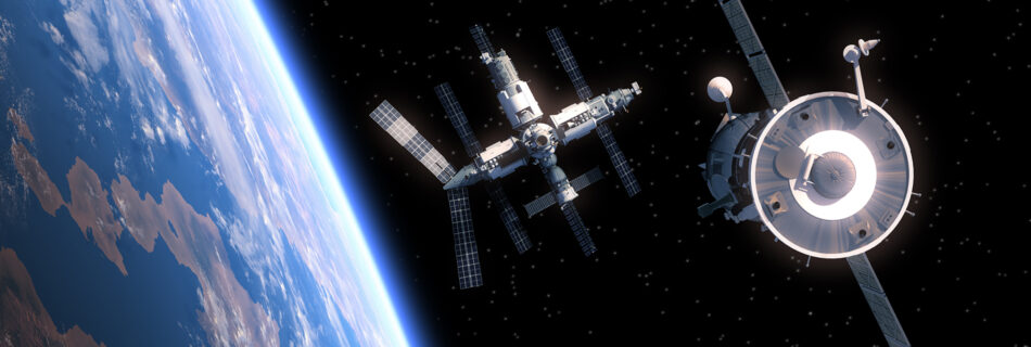 The Spacecraft Flies To Space Station. 3D Scene.